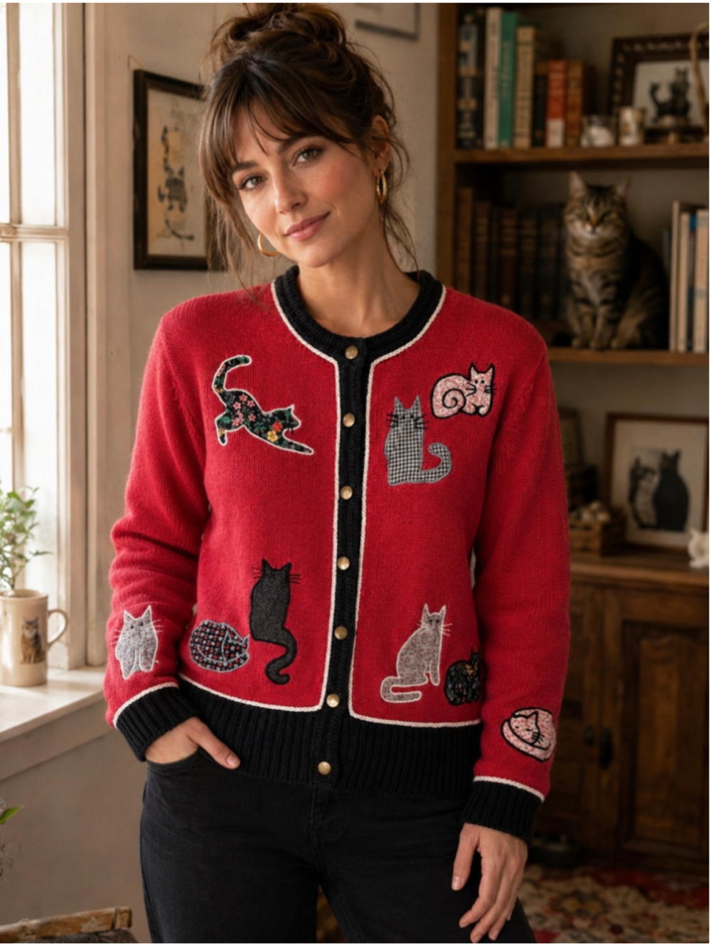Vintage Orvis Cat Appliqué Cardigan Women’s S Red Black Folk Art Novelty Sweater